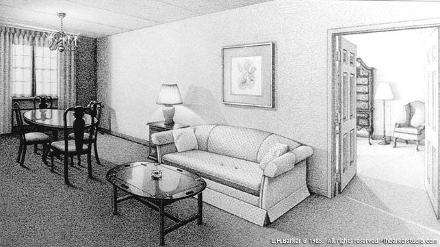 Pencil interior rendering, Century House, Latham, NY 